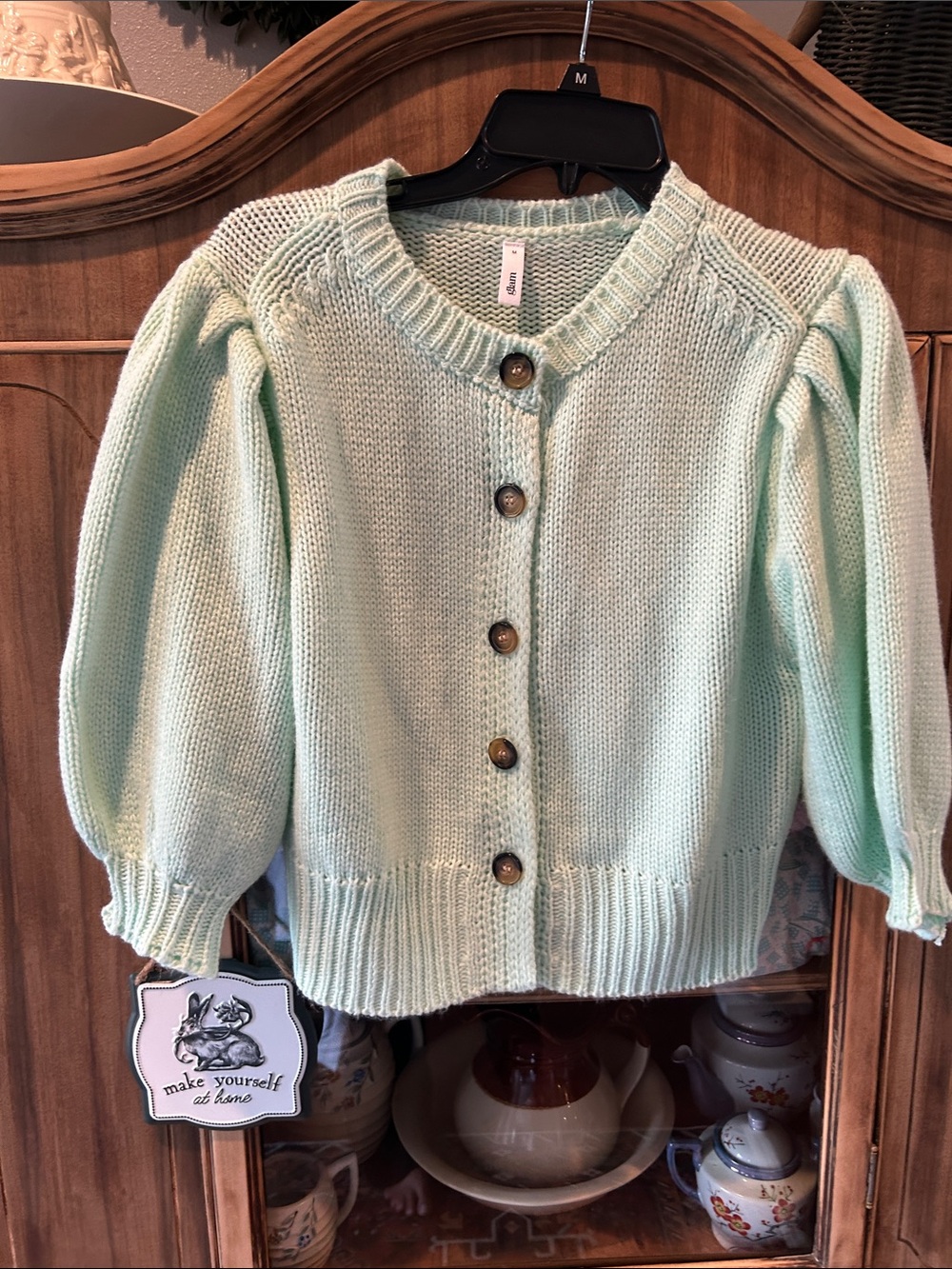glam Mint Puff Sleeve Button-Front Cardigan